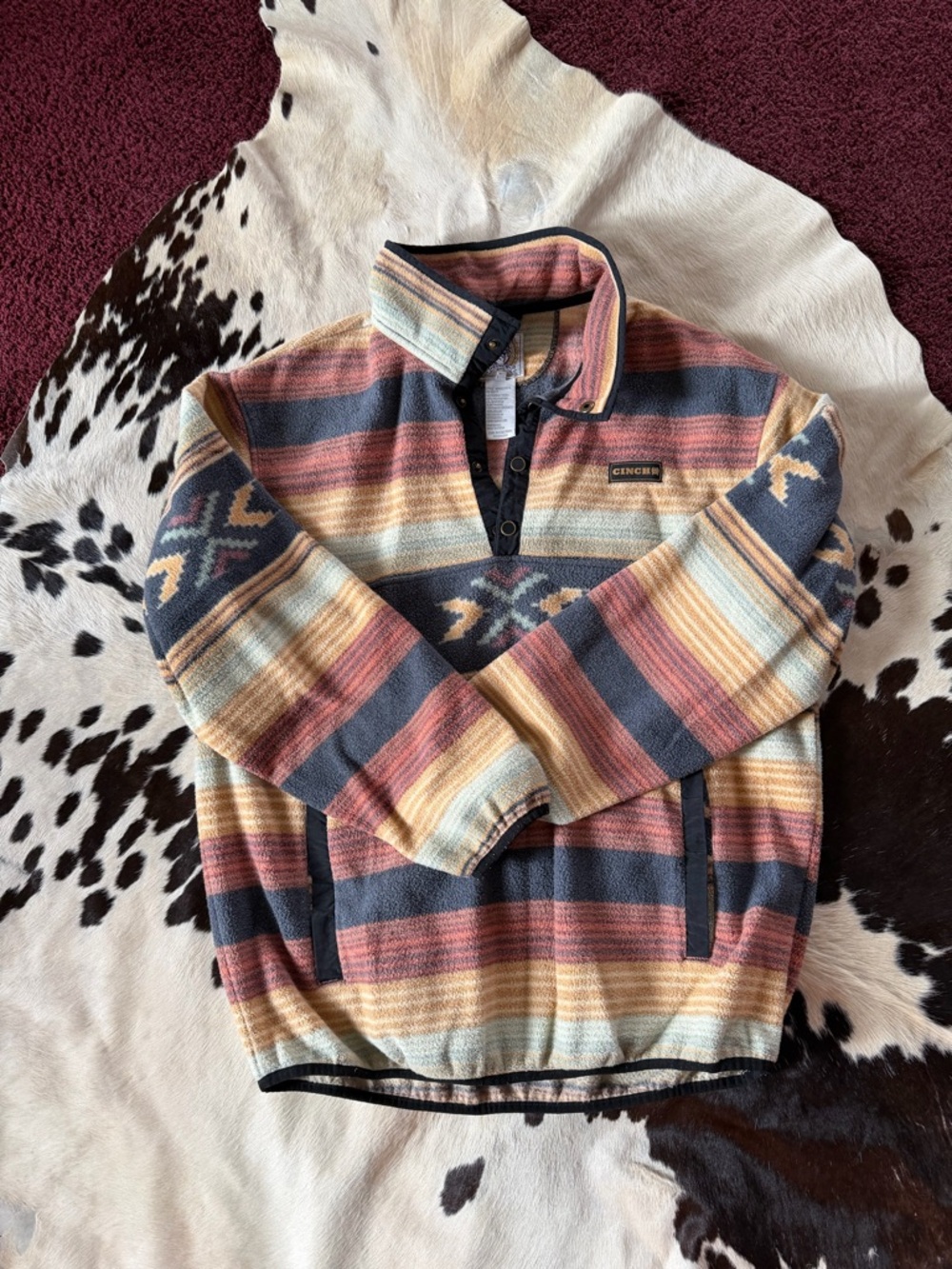 Cinch Southwestern-Striped Snap Pullover in Blue, Rust, Cream, Tan